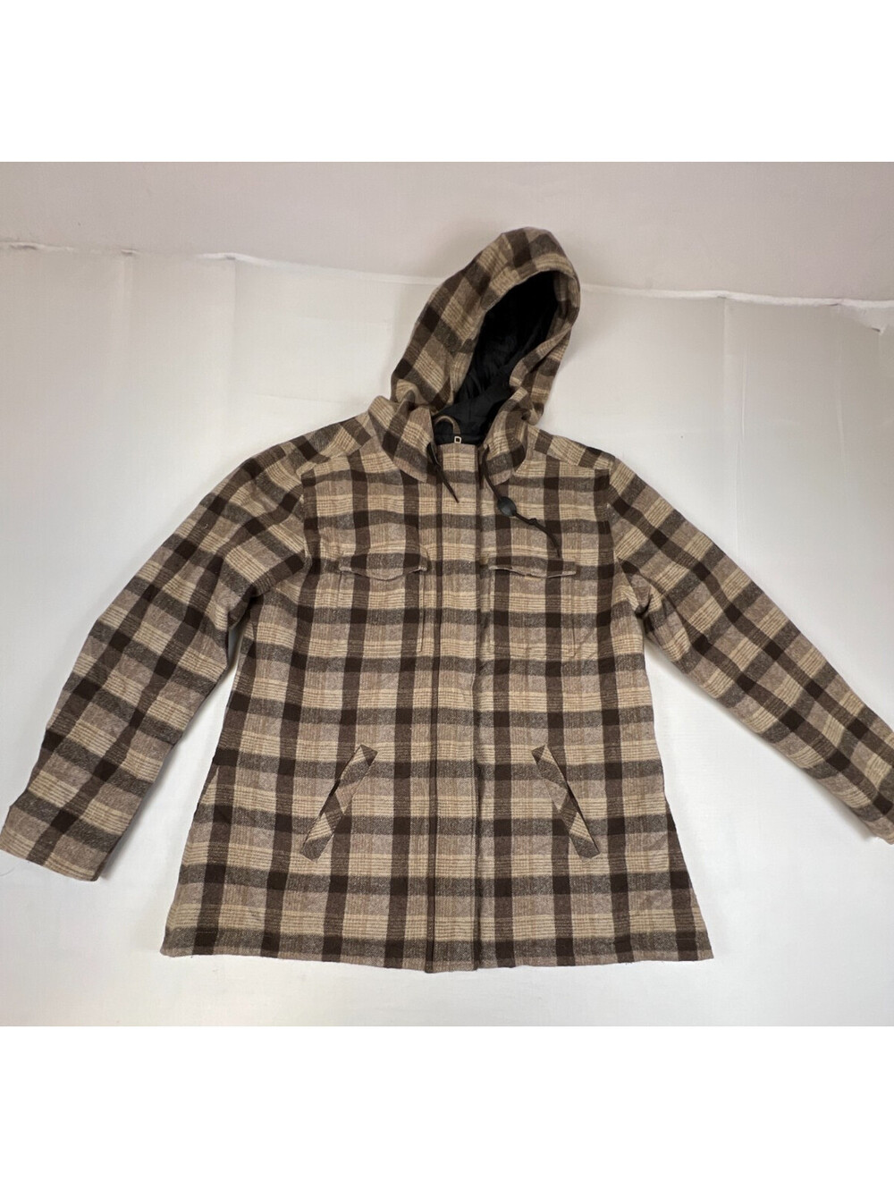 Carhartt Women XL Plaid Hooded Jacket Brown Tan Quilted Lined Utility Coat